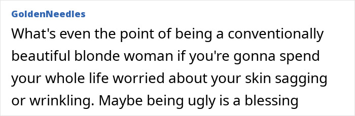 A comment questioning the point of beauty if constantly worried about skin, referencing Jennifer Lawrence's plastic surgery.