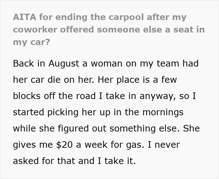 Employee Gives Coworker A Ride To Work, Finds Out She’s Been Offering Seats In Their Car To Other People Employee Gives Coworker A Ride To Work, Finds Out She’s Been Offering Seats In Their Car To Other People