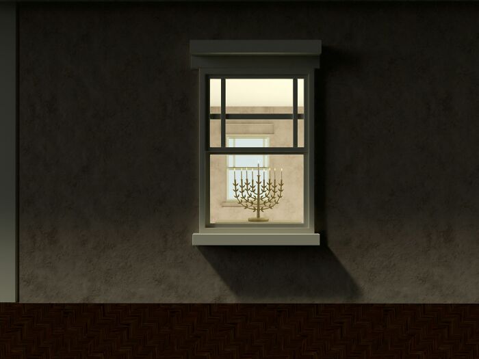 A menorah lit in a dark window, symbolizing religious arguments debated in court by lawyers