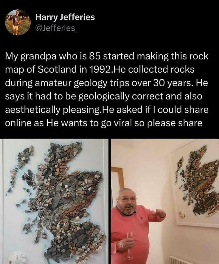 Uplifting posts: An 85-year-old grandpa made a rock map of Scotland, collecting rocks over 30 years.