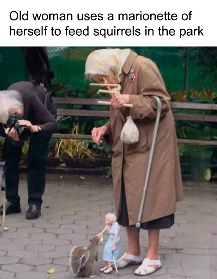 Uplifting posts: An old woman using a marionette of herself to feed squirrels in the park.