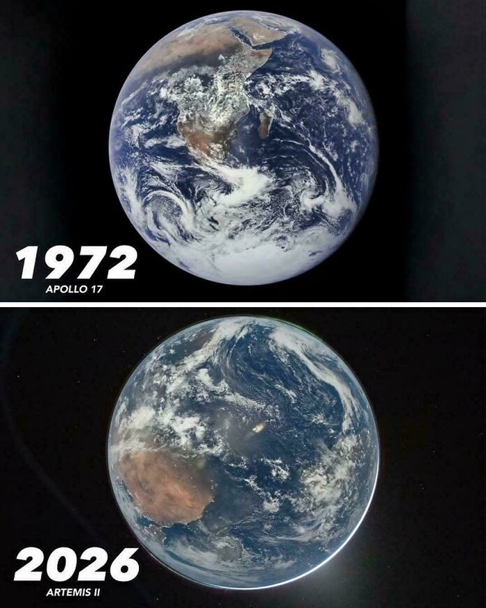 Uplifting posts: Earth from Apollo 17 in 1972 vs. Artemis II in 2026, a much-needed break from everything.