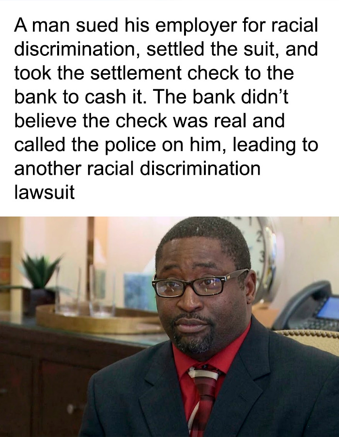 Uplifting posts: A man looking directly at the camera with a caption above him describing a racial discrimination lawsuit.