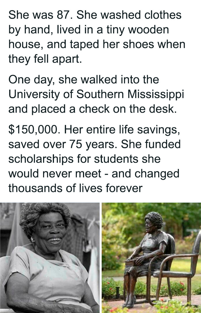 Interesting posts: A split image showing an elderly woman and her statue, highlighting her generous life savings donation.