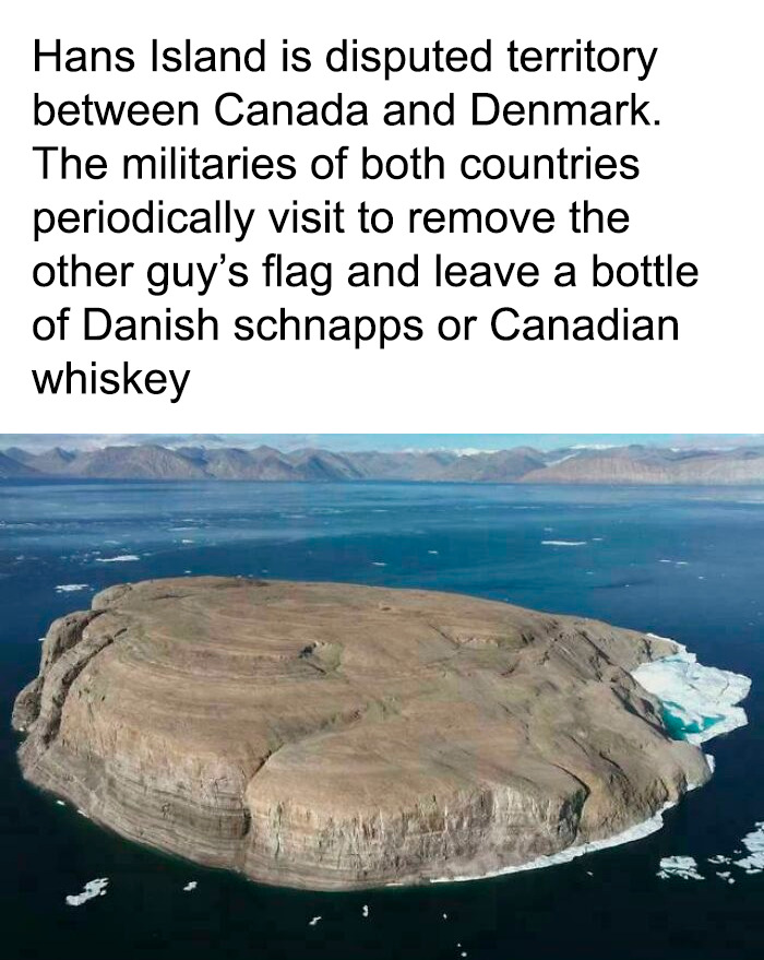 Uplifting post about Hans Island, a disputed territory between Canada and Denmark with a unique, peaceful tradition.