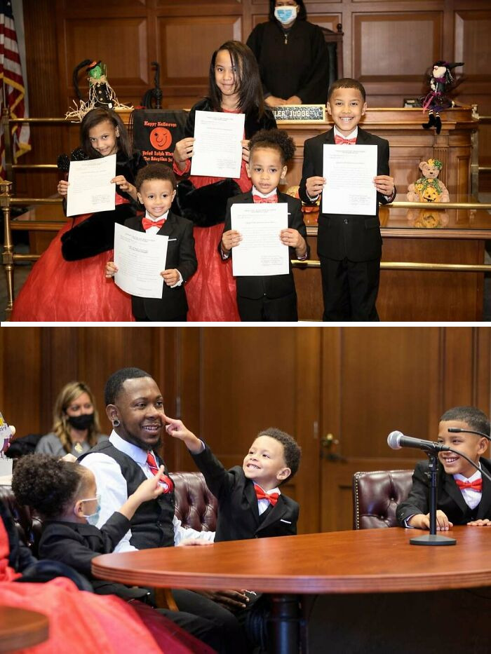 Uplifting post featuring adopted children holding adoption papers with their new family.