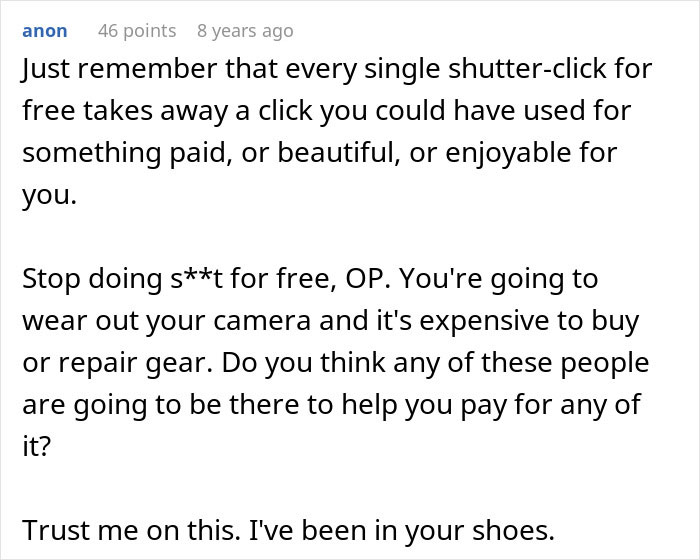 A comment regarding photographer delivers stunning family photos with a hidden detail, advising against working for free. A comment regarding photographer delivers stunning family photos with a hidden detail, advising against working for free.