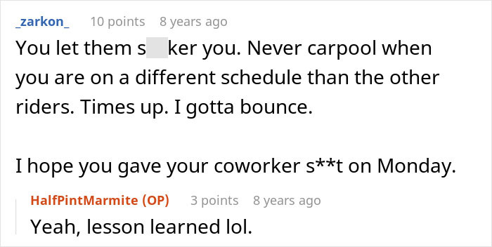 A comment about being taken advantage of, advising against carpooling on different schedules in the family photos context. A comment about being taken advantage of, advising against carpooling on different schedules in the family photos context.