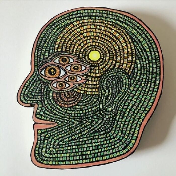 Theo Ellsworth colorful head illustration filled with eye patterns and circular designs
