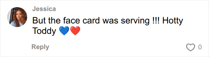 Jessica commented, But the face card was serving !!! Hotty Toddy 💙❤️, about the attractive woman in football stands.
