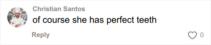 A comment about the attractive woman having perfect teeth, highlighting the viral moment in football stands.