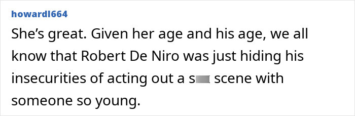 A user comment speculating on Robert De Niro's insecurities during his intimate scene with Aubrey Plaza.