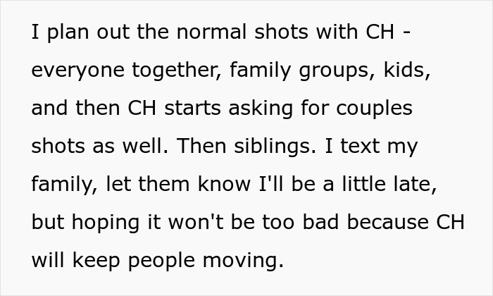 A photographer plans various family photos, including couples and siblings, for a demanding client during a shoot. A photographer plans various family photos, including couples and siblings, for a demanding client during a shoot.