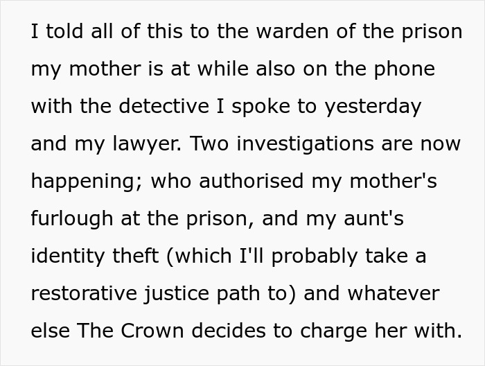 Text about investigations into a mom and aunt's prison break, including furlough authorization and identity theft. Text about investigations into a mom and aunt's prison break, including furlough authorization and identity theft.