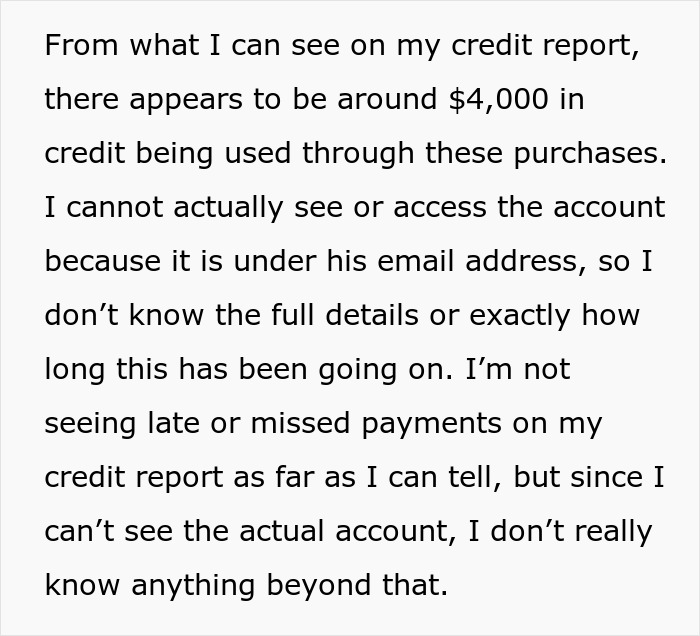Screenshot of a forum post discussing $4,000 in credit used through purchases on an account tied to her husband's email.