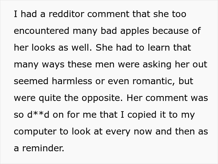 Screenshot of text referencing a redditor's experience with men and a friend needing a hot GF and a weight-loss coach. Screenshot of text referencing a redditor's experience with men and a friend needing a hot GF and a weight-loss coach.