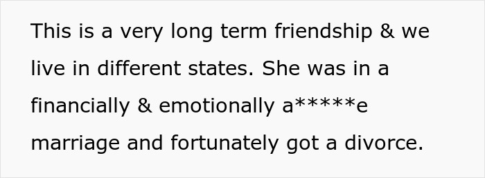 Screenshot of text describing a long-term friendship and divorce, relevant to a mother's IVF pursuit. Screenshot of text describing a long-term friendship and divorce, relevant to a mother's IVF pursuit.