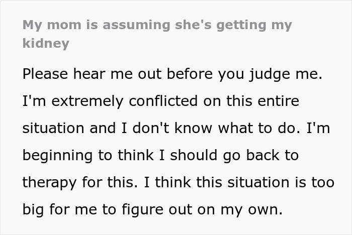 Screenshot of a post from a daughter, expressing conflict over her toxic mom expecting a kidney donation.