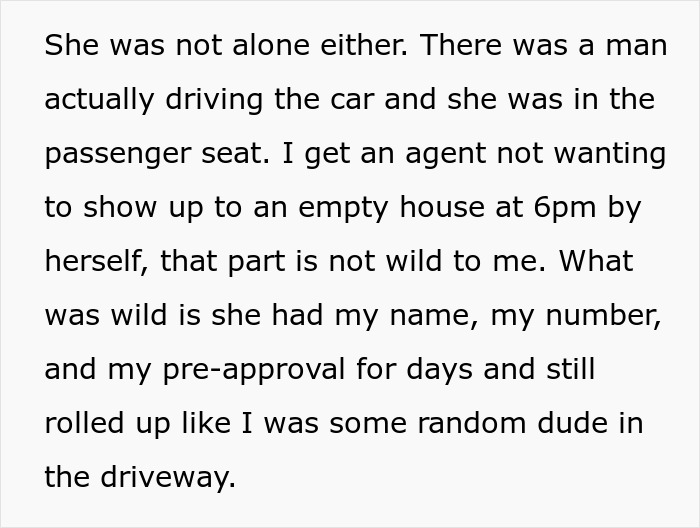 Text snippet explaining a man's interaction with a realtor, turned away for not fitting the neighborhood. Text snippet explaining a man's interaction with a realtor, turned away for not fitting the neighborhood.