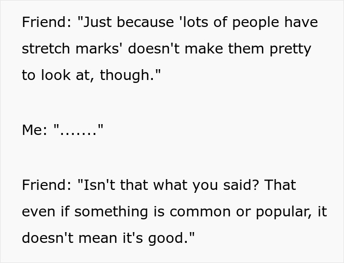 Text exchange showing a friend giving unsolicited bikini advice and body-shaming for stretch marks. Text exchange showing a friend giving unsolicited bikini advice and body-shaming for stretch marks.