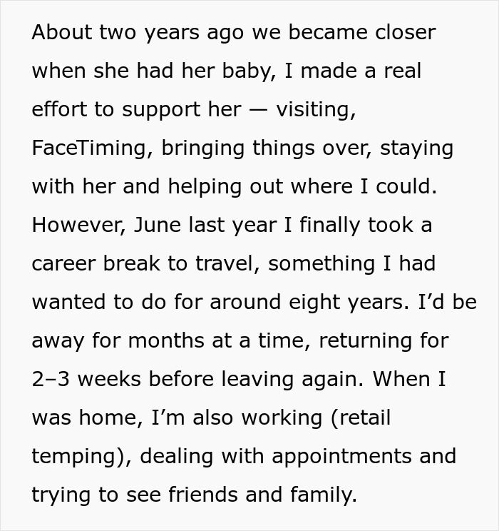 Screenshot of an online post discussing a woman's efforts to support her stepsister's kid, then taking a career break.