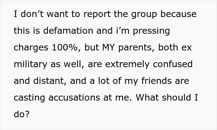 Screenshot of text about not reporting a Facebook group but pressing charges for defamation regarding daughter's boyfriend. Screenshot of text about not reporting a Facebook group but pressing charges for defamation regarding daughter's boyfriend.