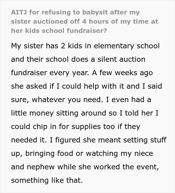 Text post about sister auctioning four hours of babysitting time