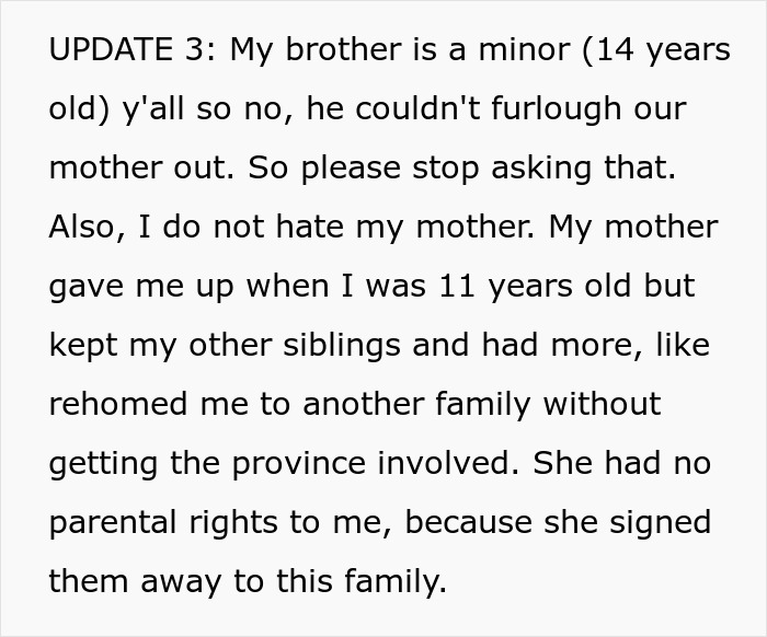 A detailed update clarifying a minor brother's non-involvement in a prison break and past family history. A detailed update clarifying a minor brother's non-involvement in a prison break and past family history.