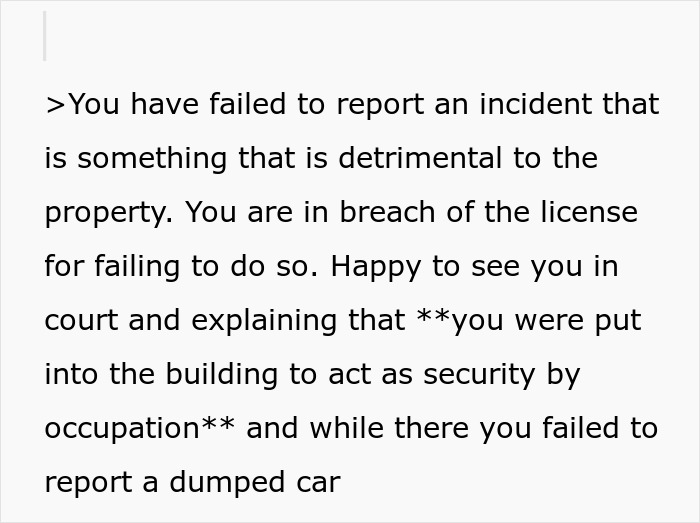 Screenshot of text accusing tenant of failing to report a car, breaching license in a landlord issue. Screenshot of text accusing tenant of failing to report a car, breaching license in a landlord issue.