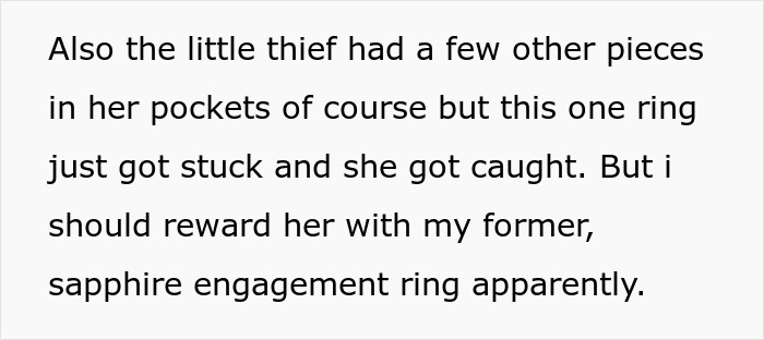 A text box describing a 14-year-old caught with a sapphire engagement ring stuck on her finger.