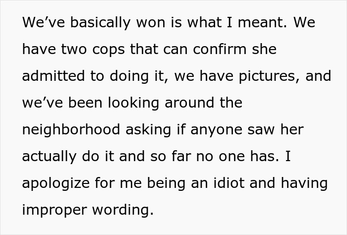 The text mentions police confirmation, pictures, and witnesses related to the keyed car incident.