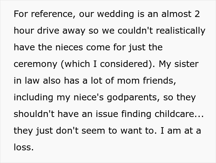 Text explaining distance to child-free celebration and in-laws demand for exceptions, threatening.