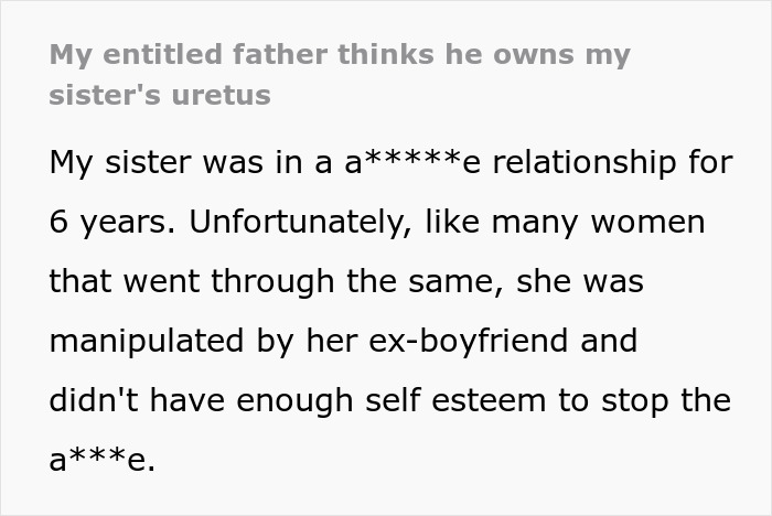 Text about a sister in a toxic relationship and her father's anger about a grandchild. Text about a sister in a toxic relationship and her father's anger about a grandchild.