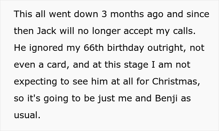Text explaining the son's estrangement after 3 months, ignoring his mother's birthday due to the inheritance issue. Text explaining the son's estrangement after 3 months, ignoring his mother's birthday due to the inheritance issue.