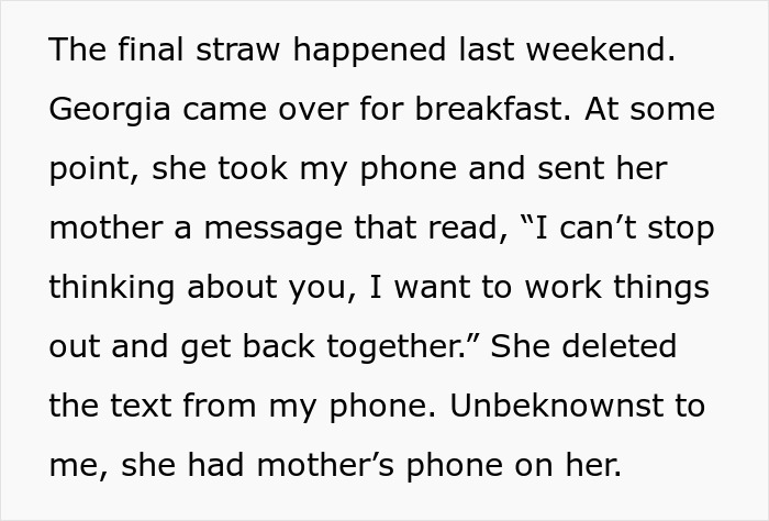 Screenshot of text detailing the cruel stunt used to scare off dad's girlfriend. Screenshot of text detailing the cruel stunt used to scare off dad's girlfriend.