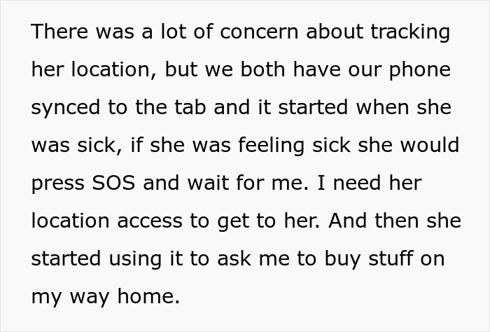 Text discussing tracking wife's location, explaining the real reason for sharing her whereabouts. Text discussing tracking wife's location, explaining the real reason for sharing her whereabouts.