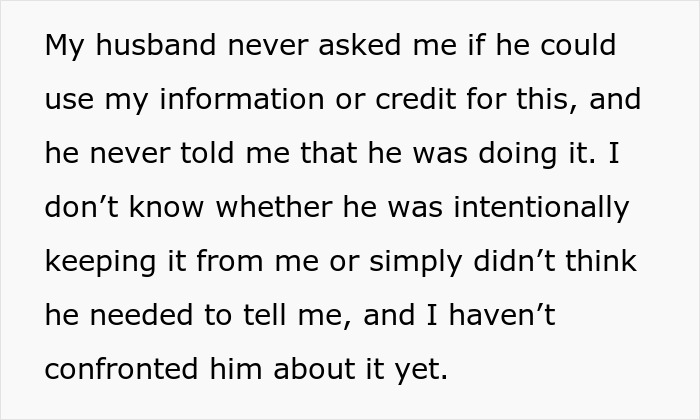 Text about husband using wife's information and credit without her knowledge for his spending.