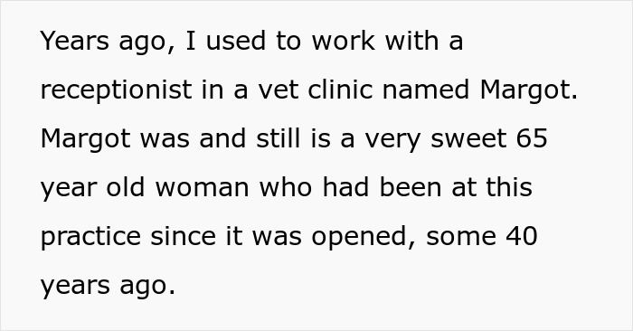 Screenshot of text introducing Margot, a sweet woman working at a vet clinic, whose cat was attacked by neighbor's dogs. Screenshot of text introducing Margot, a sweet woman working at a vet clinic, whose cat was attacked by neighbor's dogs.