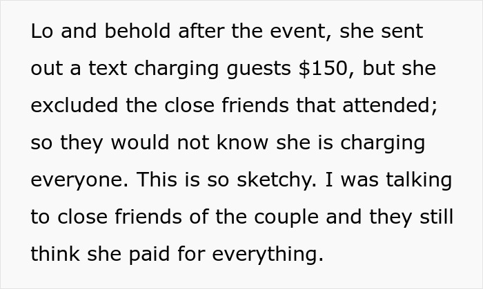 Screenshot of text exposing MOH secretly charging guests $150 for the bridal shower.