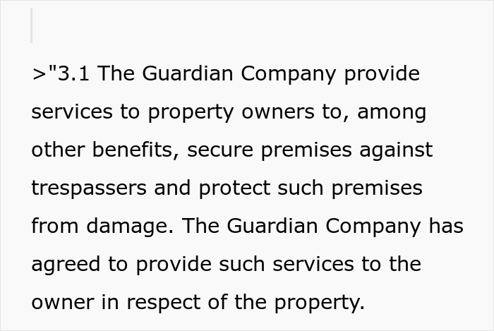 Screenshot detailing clause 3.1 of The Guardian Company contract to secure premises and protect property. Screenshot detailing clause 3.1 of The Guardian Company contract to secure premises and protect property.