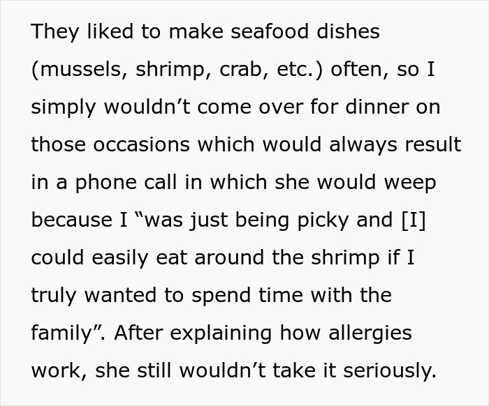 Screenshot of text detailing a MIL's disbelief about a shellfish allergy, illustrating the difficulty of explaining allergies. Screenshot of text detailing a MIL's disbelief about a shellfish allergy, illustrating the difficulty of explaining allergies.