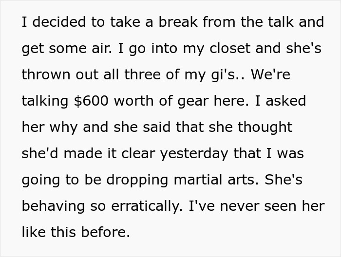 Text describing $600 worth of martial arts gear thrown out by fiancée Text describing $600 worth of martial arts gear thrown out by fiancée