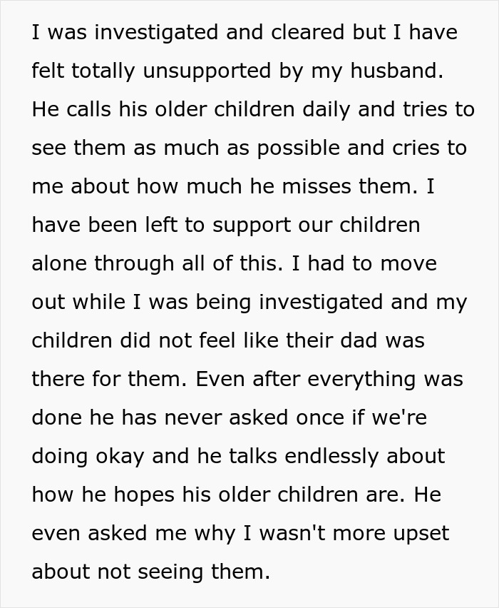 Black text detailing how a stepmom felt unsupported by her husband after being cleared of CPS accusations.
