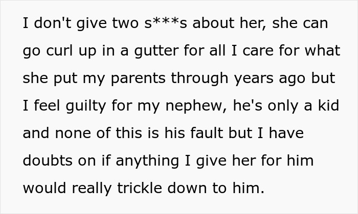 Text expressing a woman's guilt for her nephew amid inheritance drama, doubting SIL's intentions. Text expressing a woman's guilt for her nephew amid inheritance drama, doubting SIL's intentions.