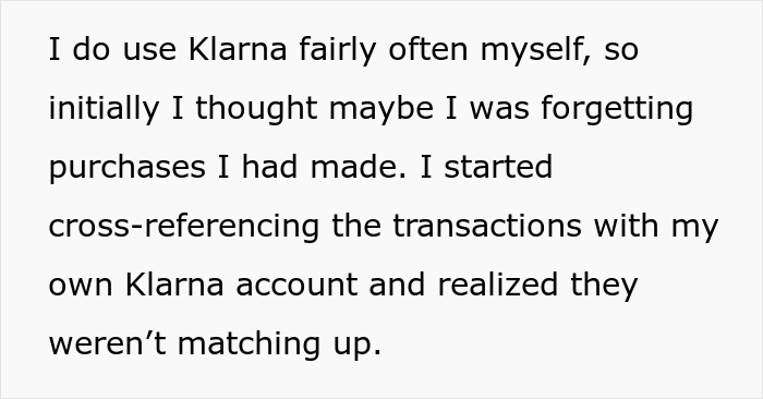 Screenshot of text describing a wife cross-referencing Klarna transactions, finding discrepancies from husband's spending.