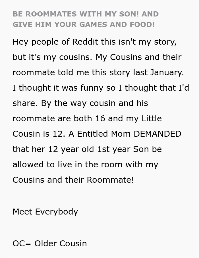 Text about Reddit story involving roommates and entitled mom