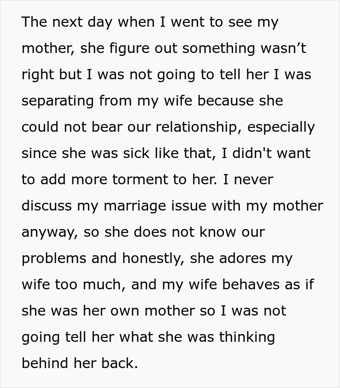 Husband keeps marriage issues from sick mother who adores wife, hiding true family conflict