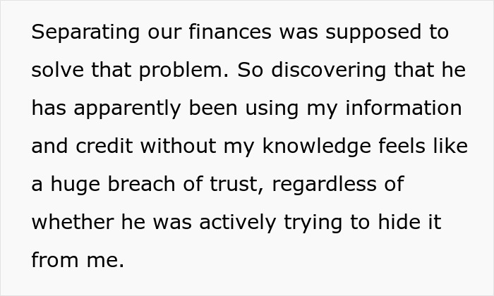 Text about husband's spending and using wife's information and credit as a breach of trust.
