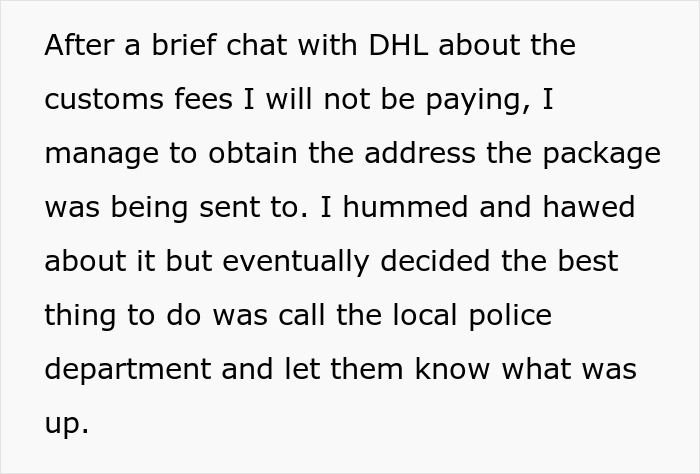 Text post explaining how the victim contacted police about a credit card thief ordering car parts