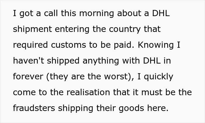 Text explaining how the victim realized the credit card thief shipped items via DHL